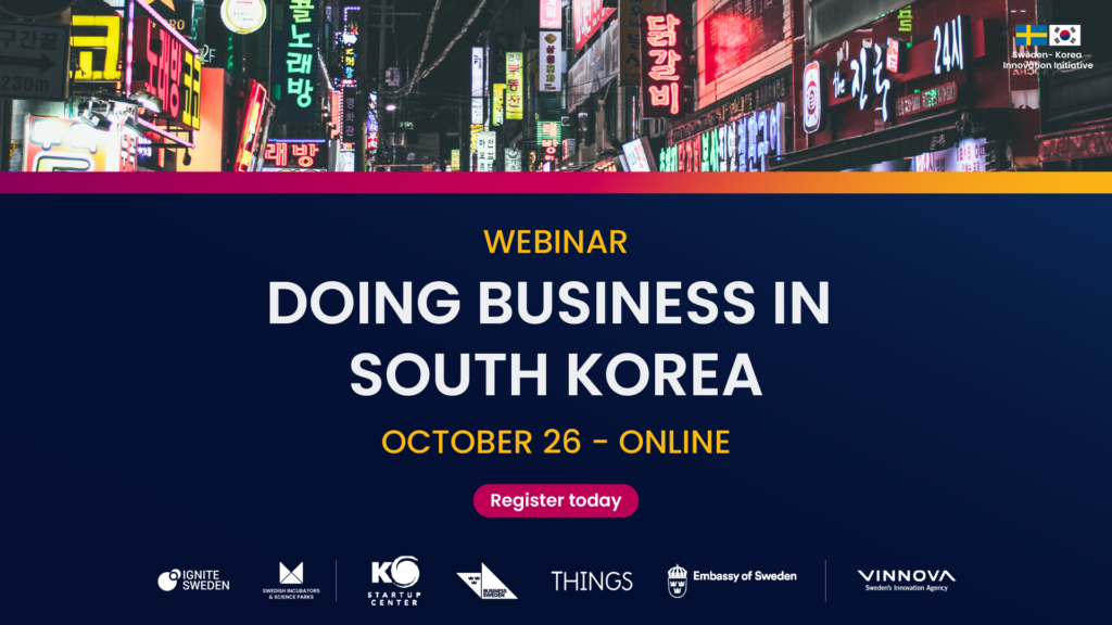 Doing Business in South Korea banner - blue background, image of Seoul