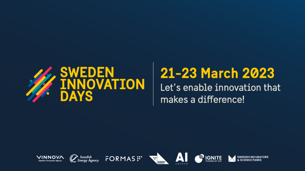 Blue banner with Sweden Innovation Days Logo and 21-23 March in yellow text